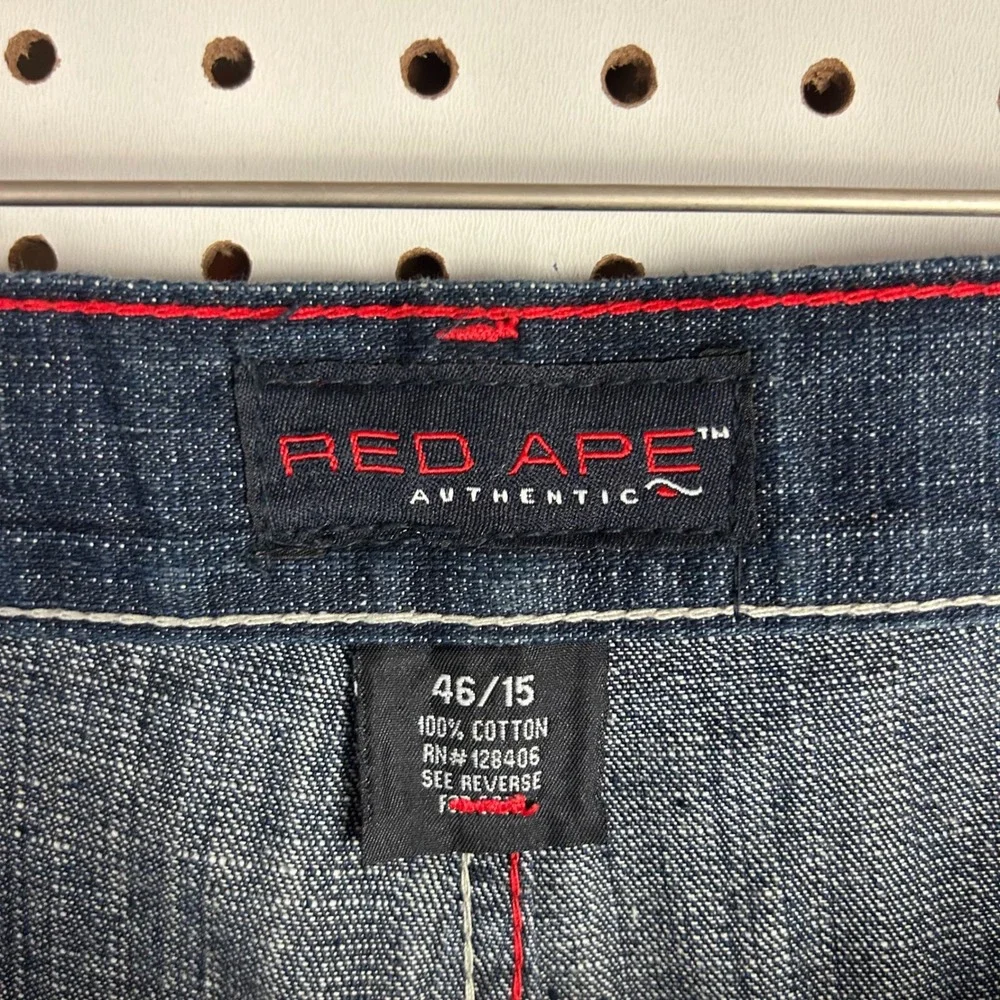 Red Ape Authentic Denim Shorts Size 46 Embroidered Baggy Y2K Hip Hop Gothic Blue